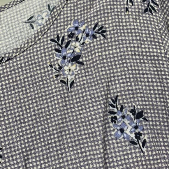 Lauren Conrad Blouse XL Gray White Check Print with Floral Gauze Rayon Short Sle - Picture 3 of 6